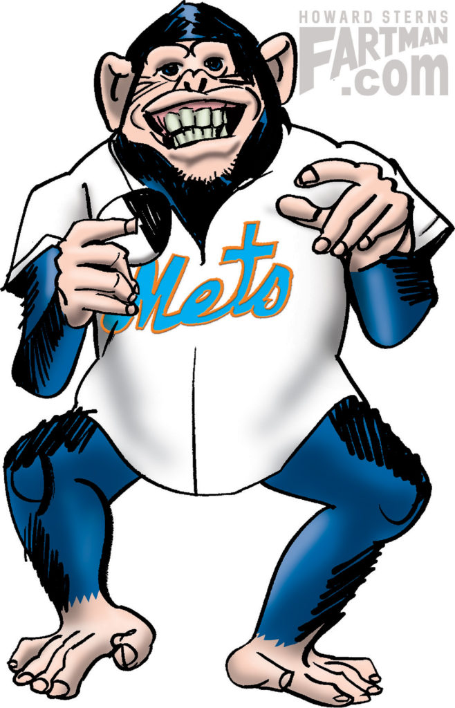 Baba Booey wearing a NY Mets jersey and holding a black-and-white cookie
